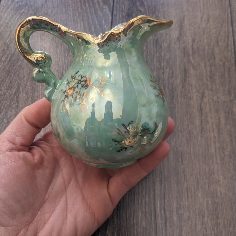 Vintage Green Porcelain Decorative Pitcher with Romantic Scene - Picture 6 of 9